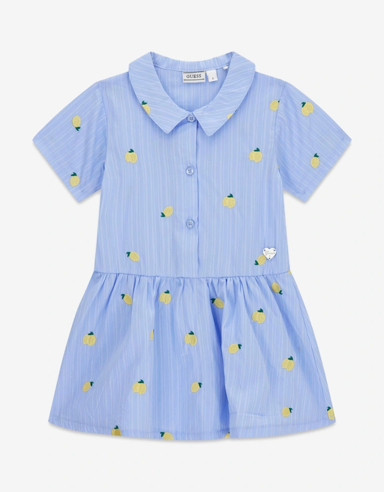 Girls Poplin Striped Lemons Dress in Blue