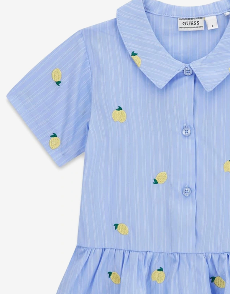 Girls Poplin Striped Lemons Dress in Blue