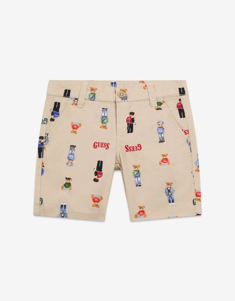 Boys Stretch Gabardine Bear Shorts in Beige