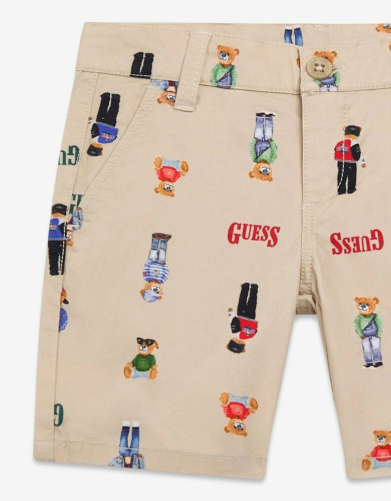 Boys Stretch Gabardine Bear Shorts in Beige