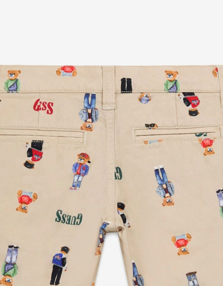 Boys Stretch Gabardine Bear Shorts in Beige