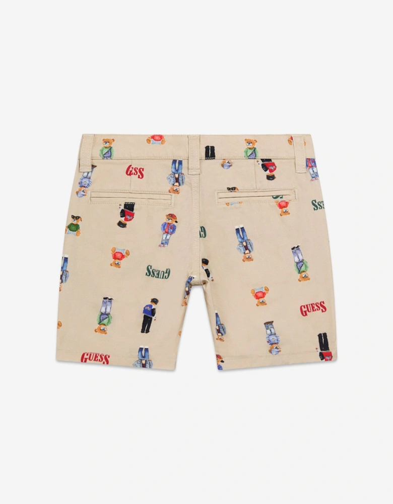 Boys Stretch Gabardine Bear Shorts in Beige