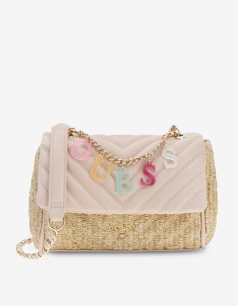 Girls Straw Crossbody Flap Bag in Pink (21.5cm)