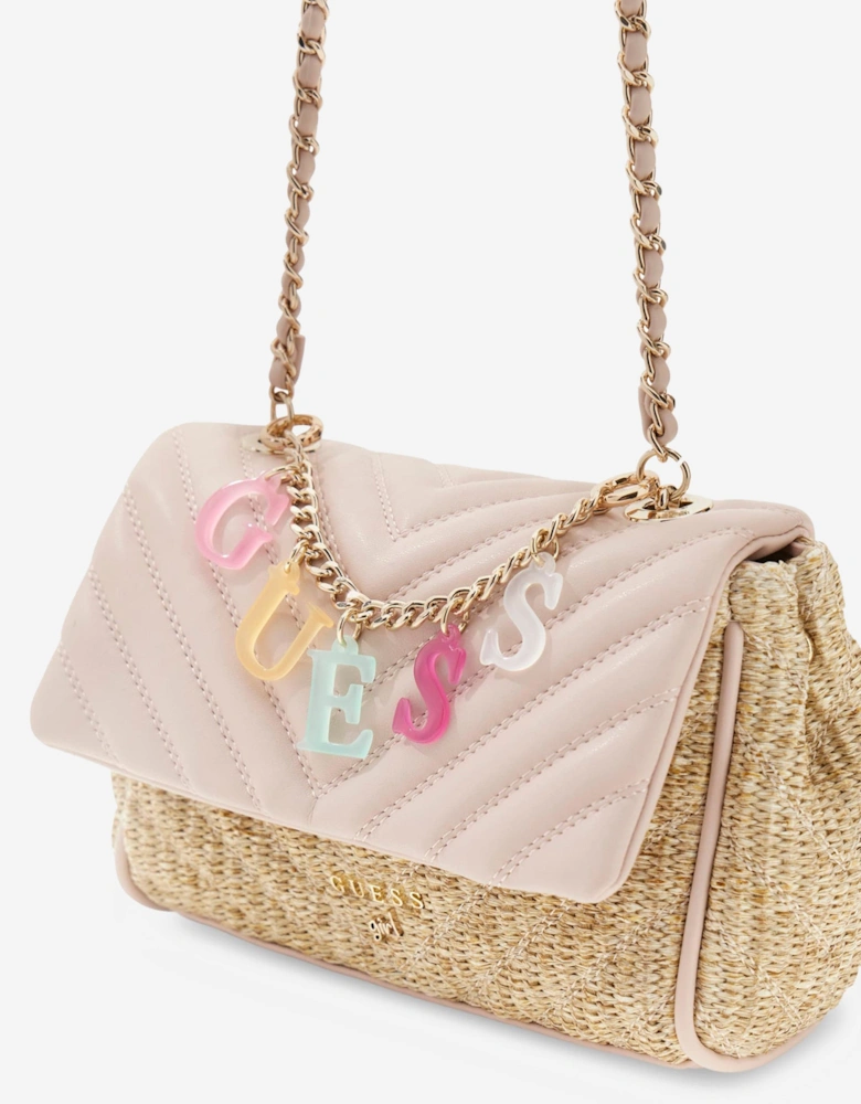 Girls Straw Crossbody Flap Bag in Pink (21.5cm)