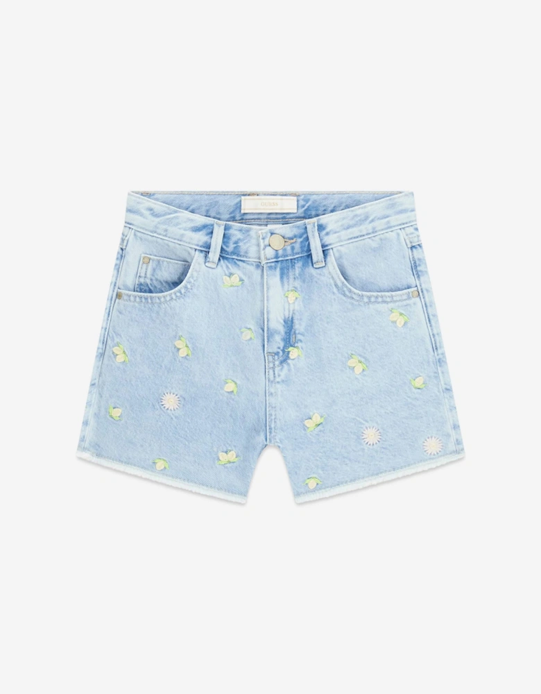 Girls Embroidered Lemon Denim Shorts in Blue