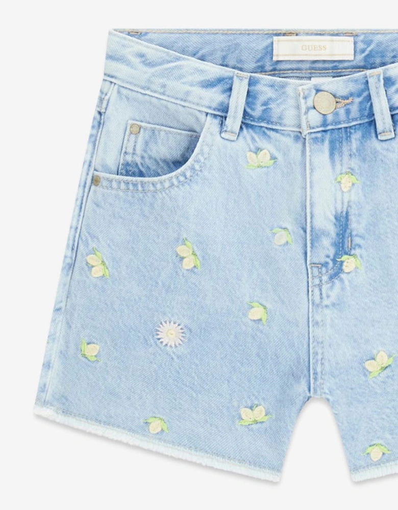 Girls Embroidered Lemon Denim Shorts in Blue