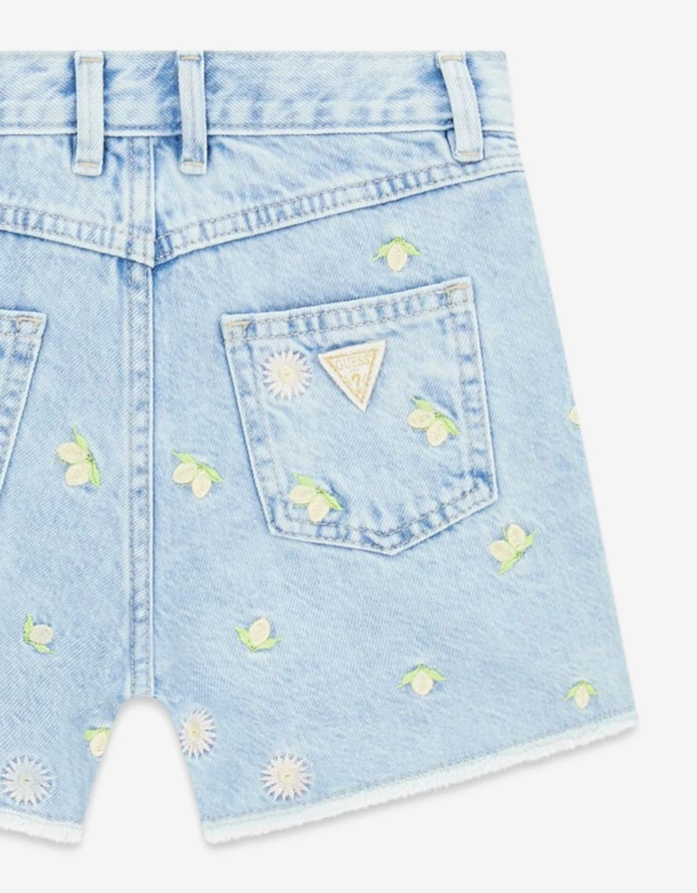 Girls Embroidered Lemon Denim Shorts in Blue
