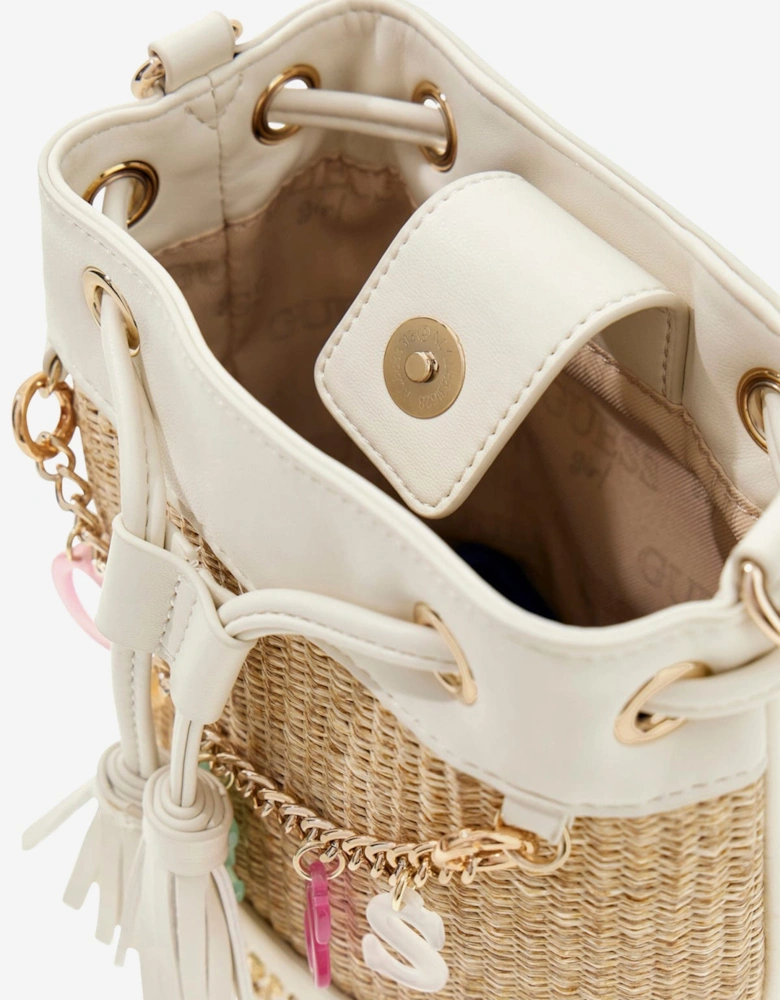 Girls Straw Mini Bucket Bag in Ivory (20cm)