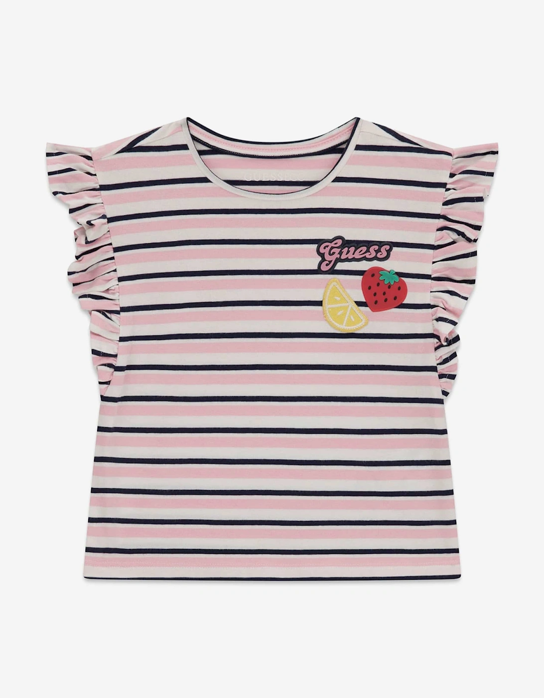 Guess Girls Pink 'S Striped Strawberry T-Shirt In  6 Years Size 6 Yrs Kids