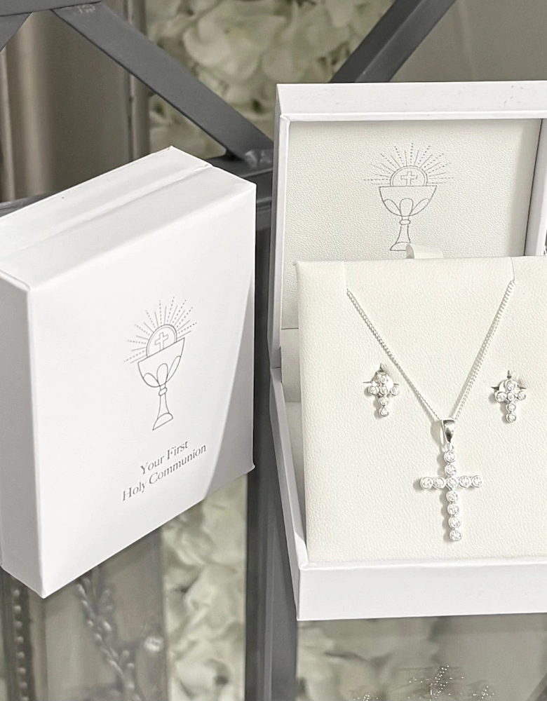 Girls Silver Sterling Cross Earrings and Necklace