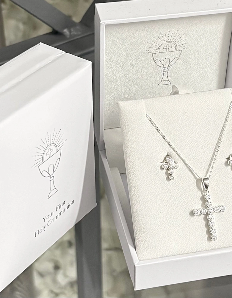 Girls Silver Sterling Cross Earrings and Necklace