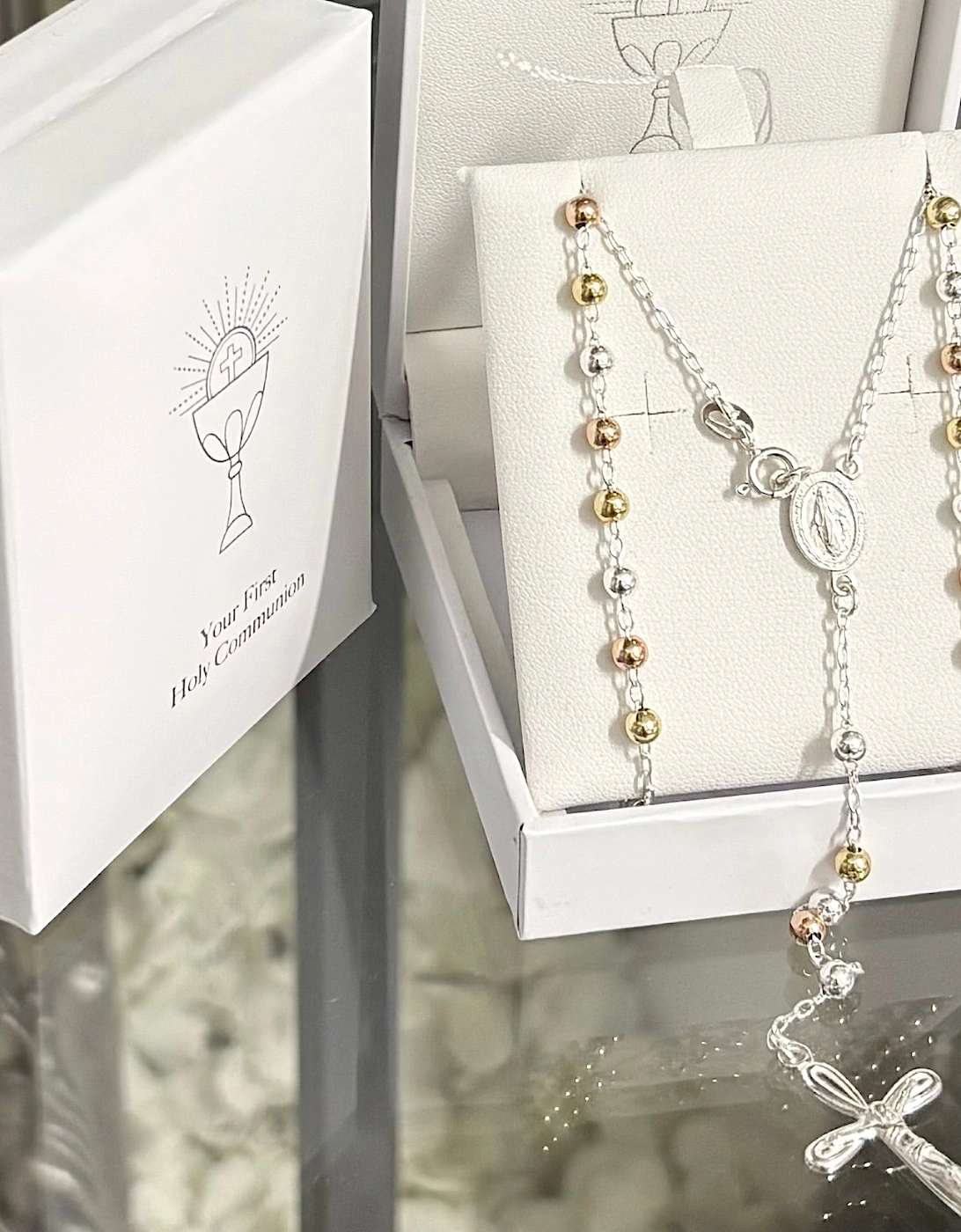 Girls Silver Sterling Rosary Bead Set