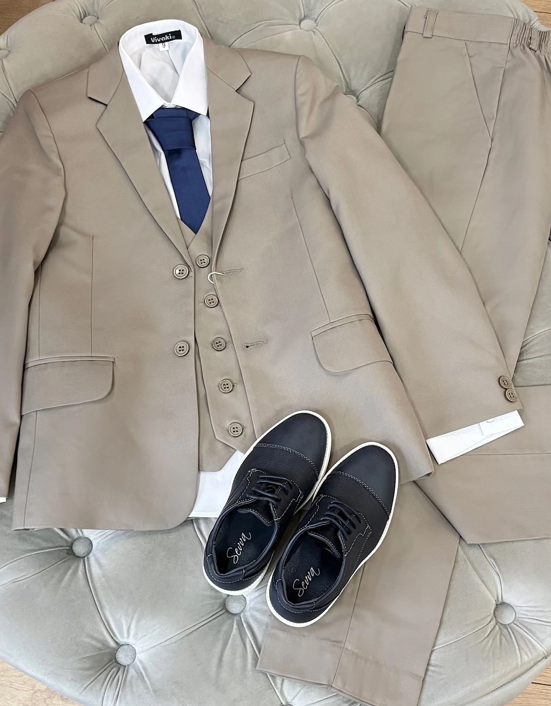 Boys Dark Beige 5 Piece Occasion Suit, 2 of 1