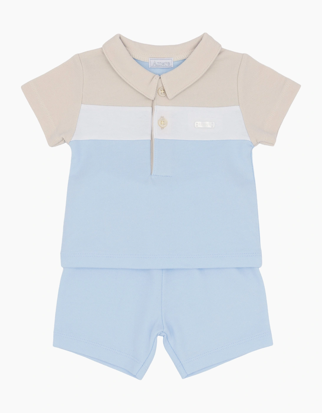 Boys Soft Pale Blue Beige Polo Short Set, 2 of 1
