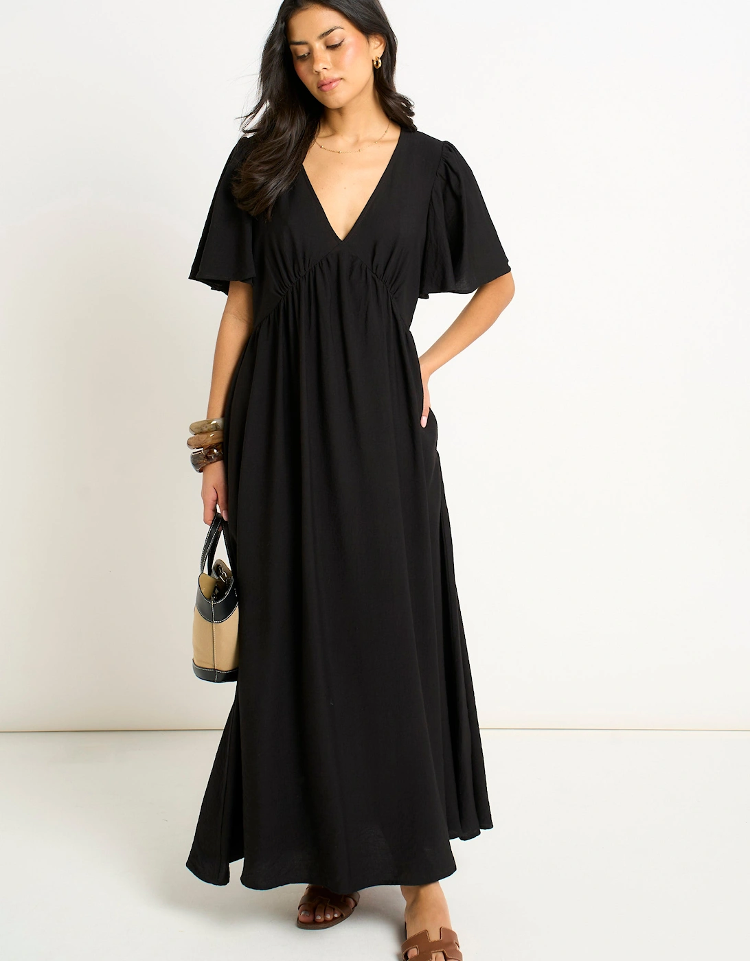 Gini London Women's Black V Neck Angel Sleeves Skater Maxi Dress - Size: 8