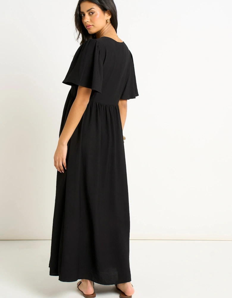 Black V Neck Angle Sleeves Skater Maxi Dress