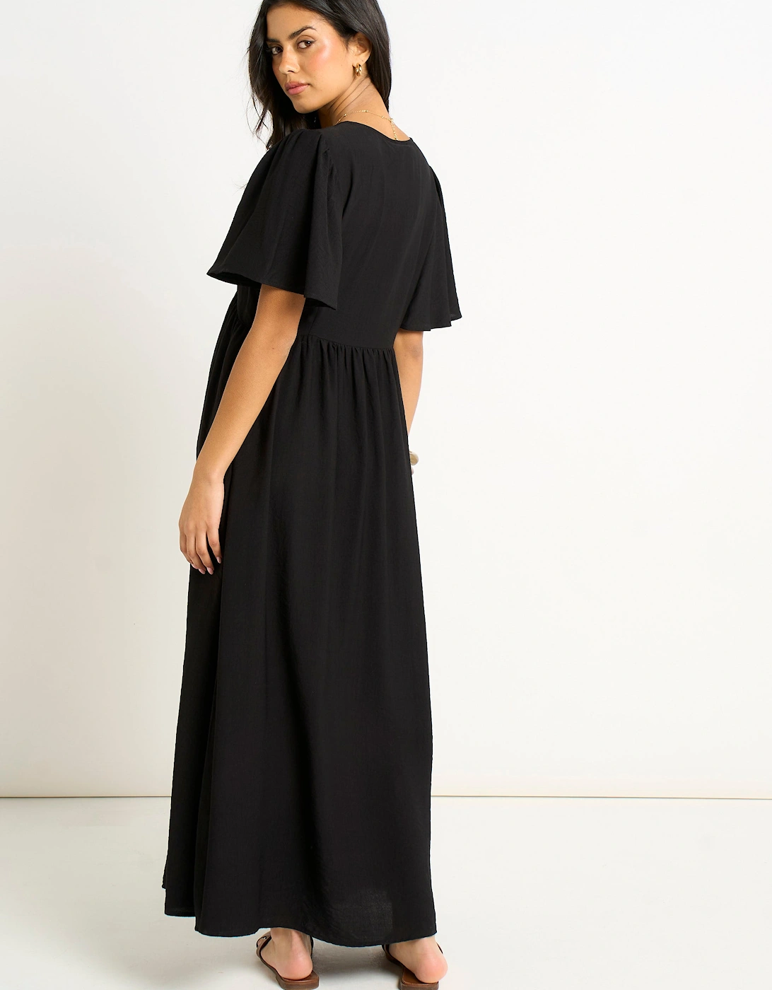 Black V Neck Angle Sleeves Skater Maxi Dress