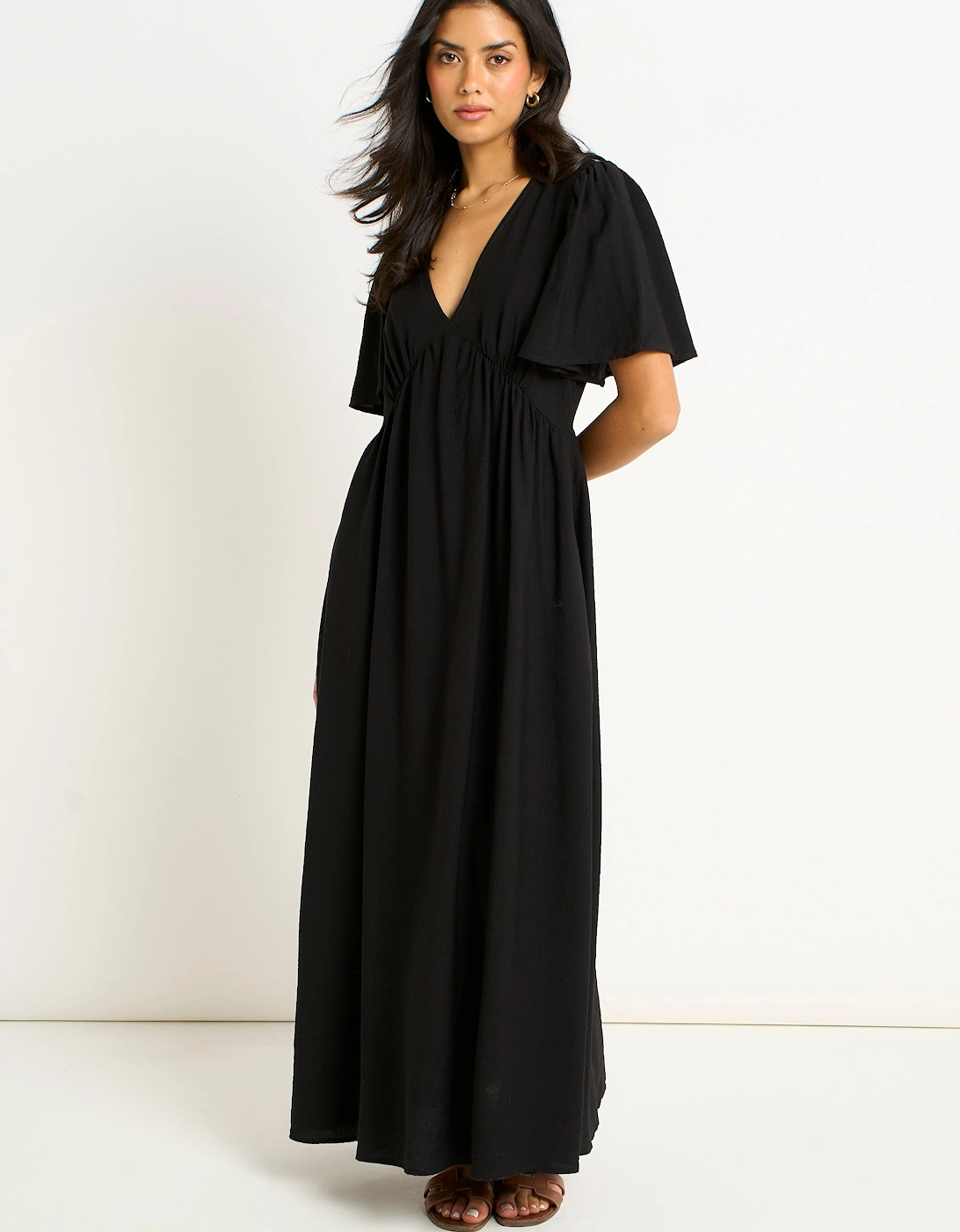 Black V Neck Angle Sleeves Skater Maxi Dress