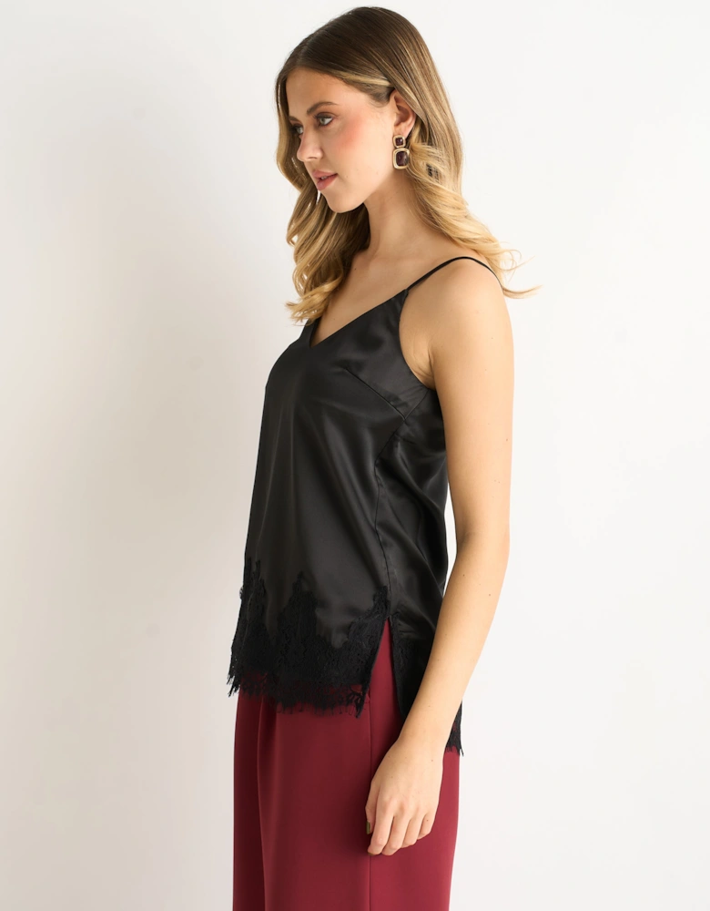 Black Lace Trim Satin Cami Top