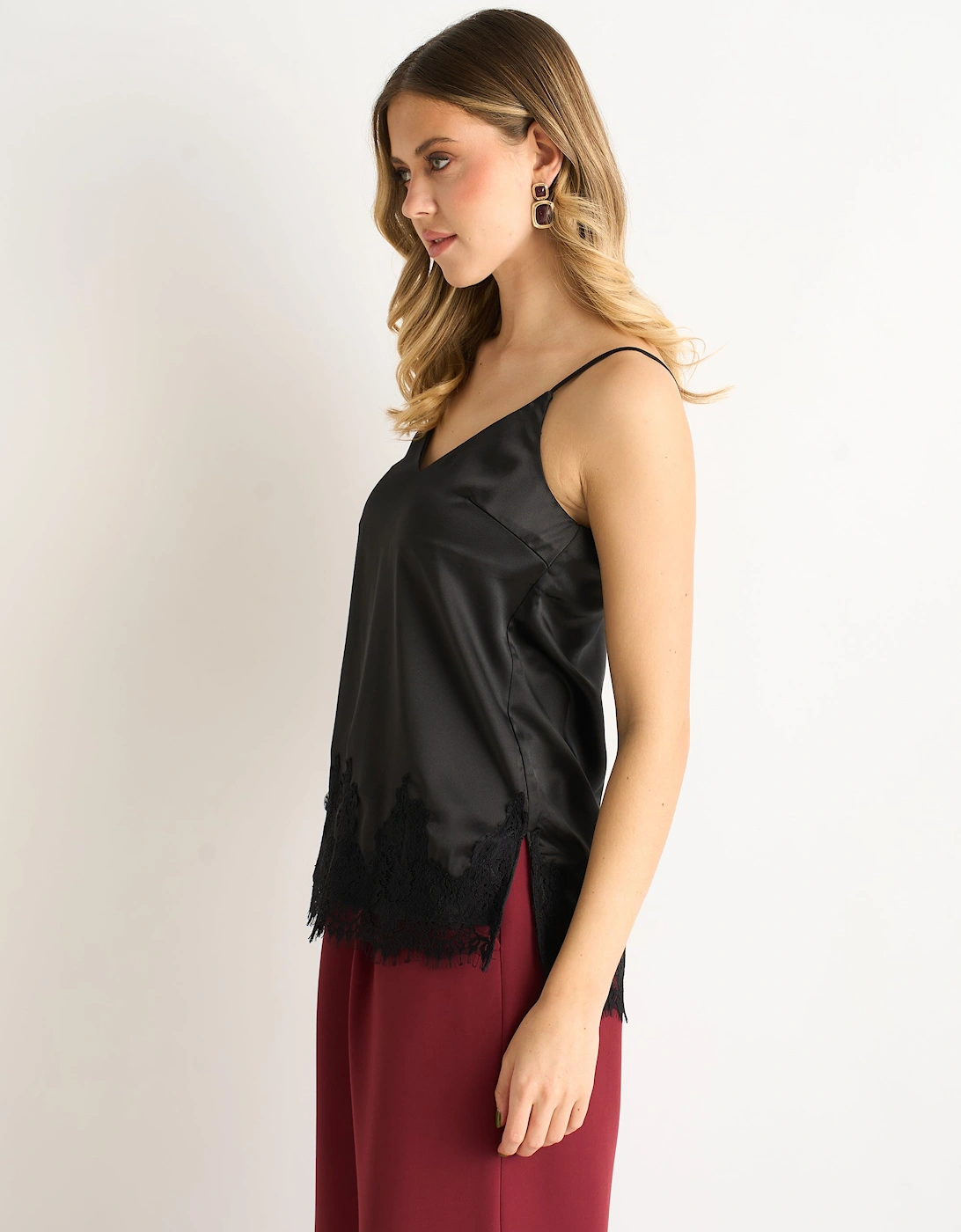 Black Lace Trim Satin Cami Top