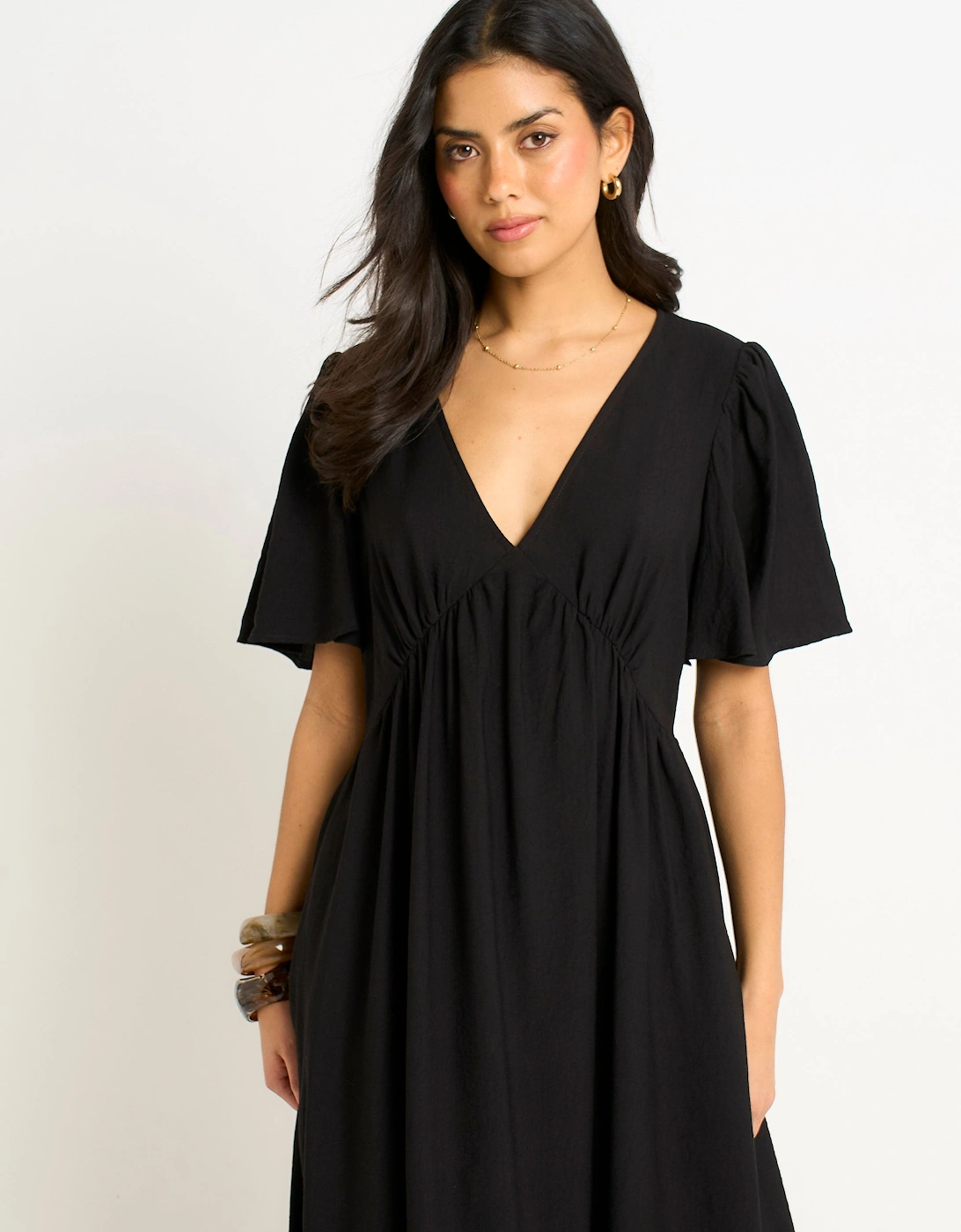 Black V Neck Angle Sleeves Skater Maxi Dress