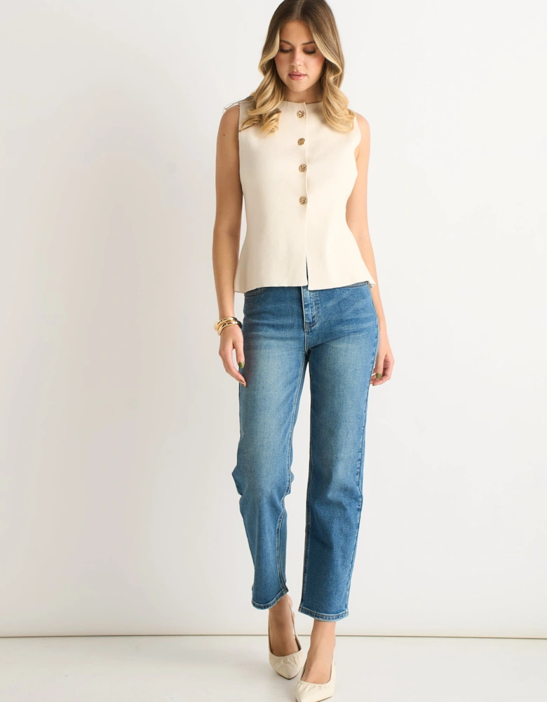 Off White Button Front Compact Knit Waistcoat