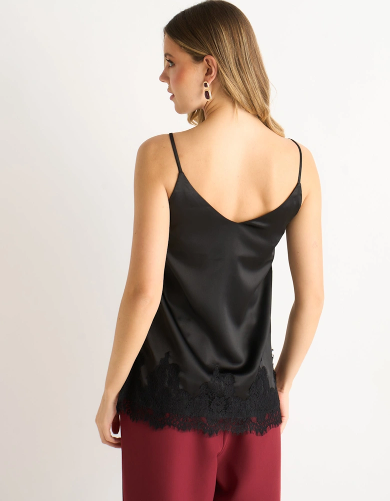 Black Lace Trim Satin Cami Top