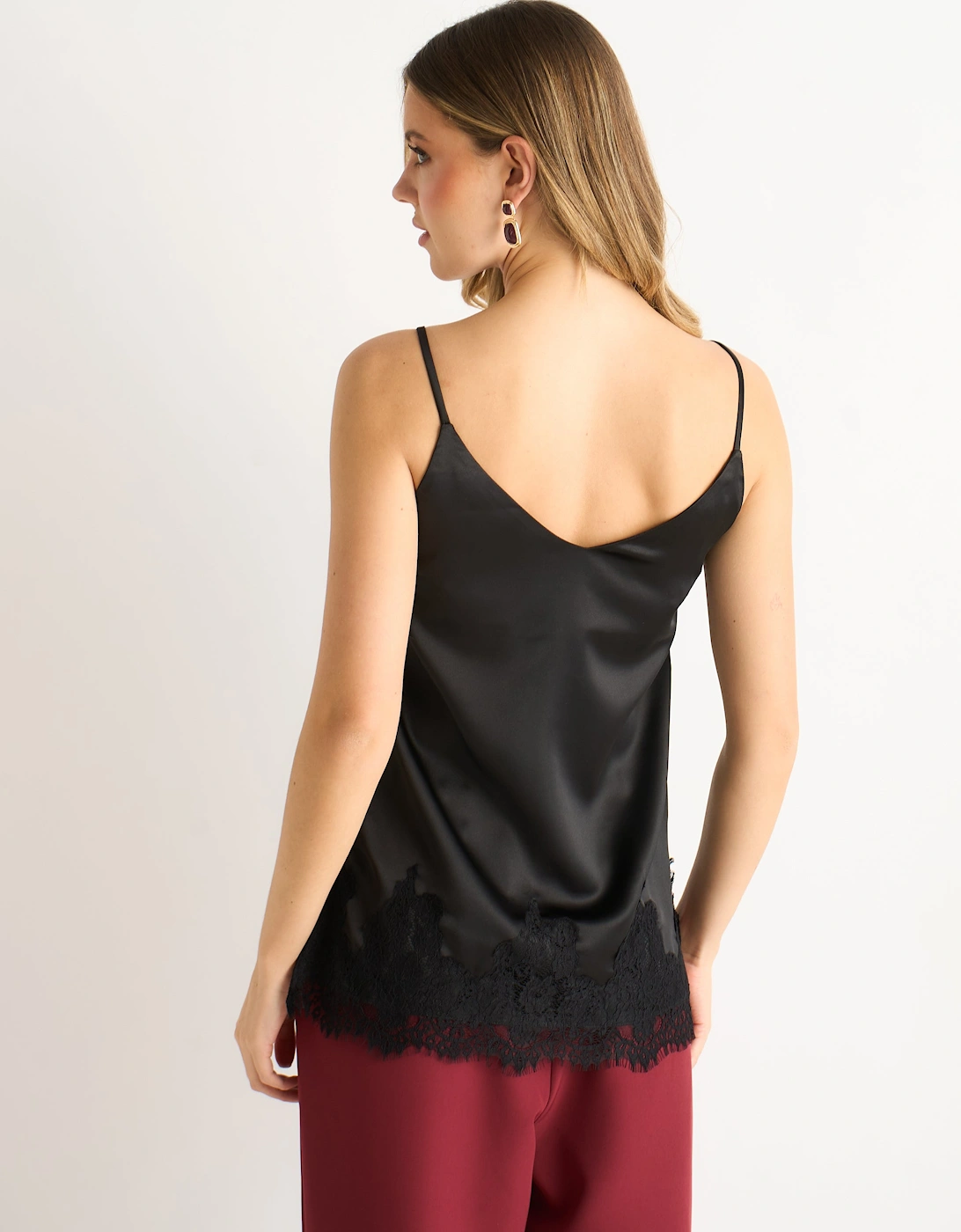 Black Lace Trim Satin Cami Top