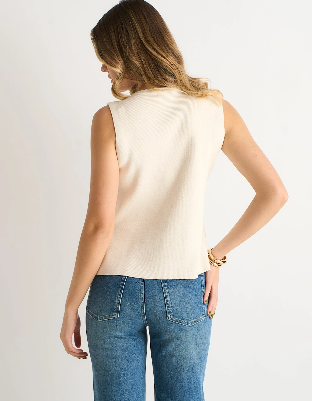 Off White Button Front Compact Knit Waistcoat