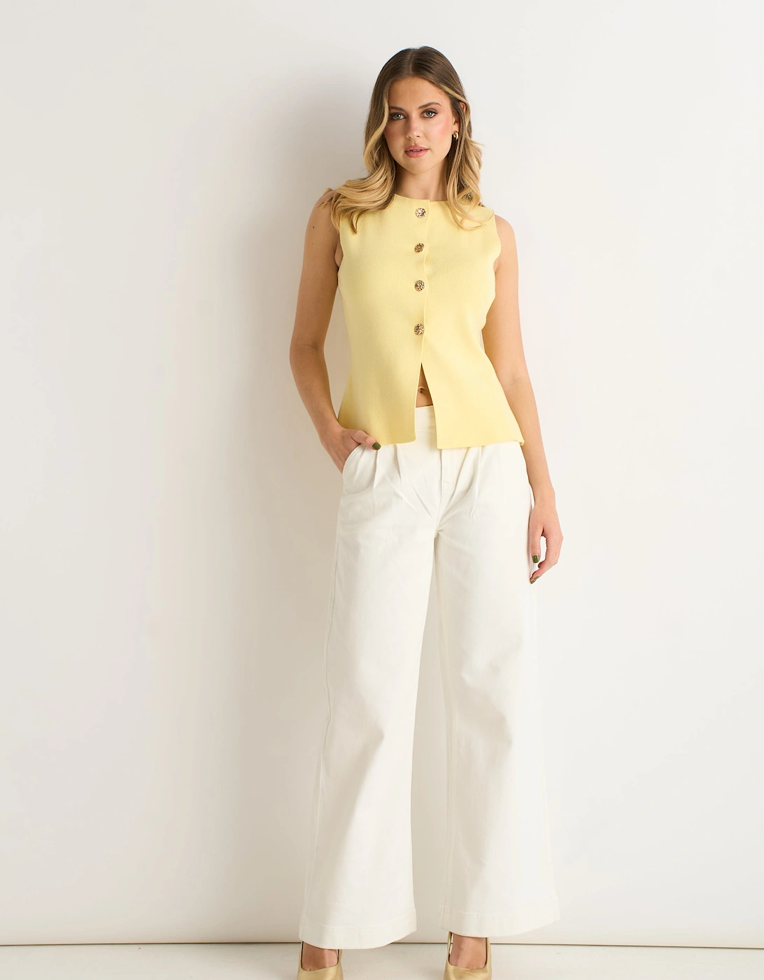 Lemon Button Front Compact Knit Waistcoat