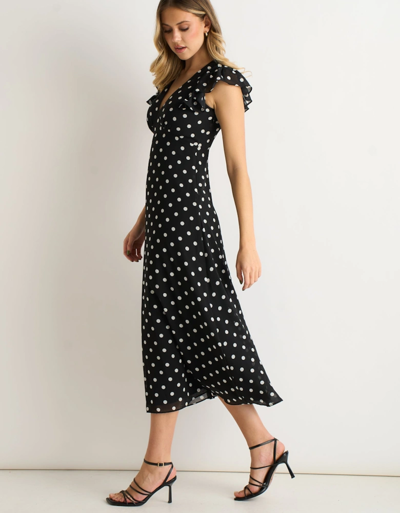 Black V Neck Angle Sleeves Skater Midi Dress