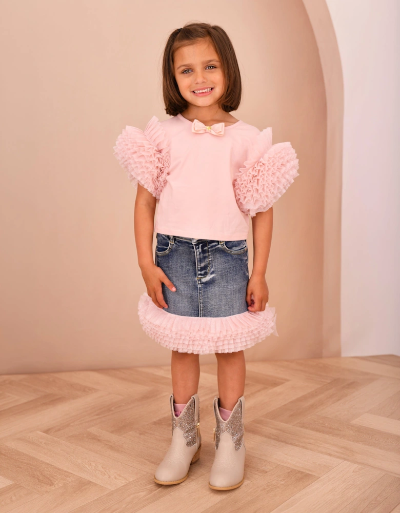 Angels Face Girls Lessi Puff Tulle Sleeve Top in Pink