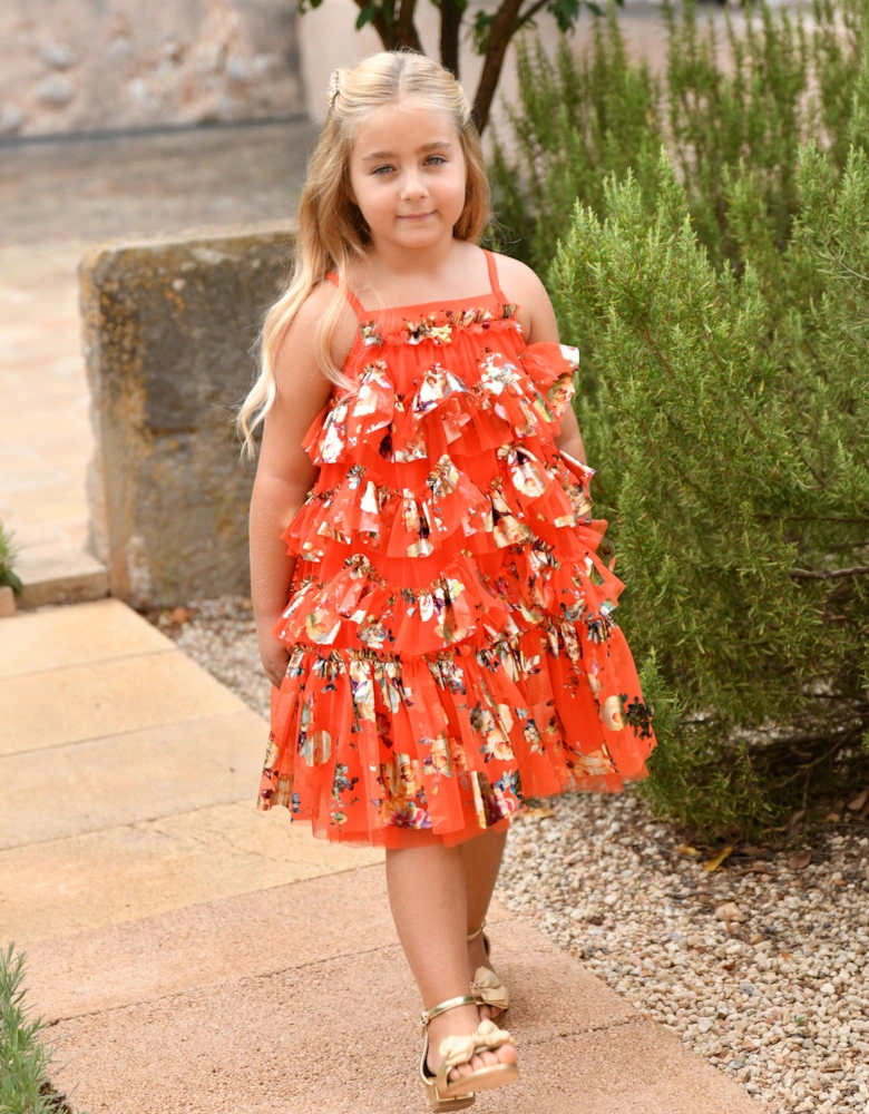 Angels Face Girls Remi Foil Floral Print Ruffle Dress in Orange