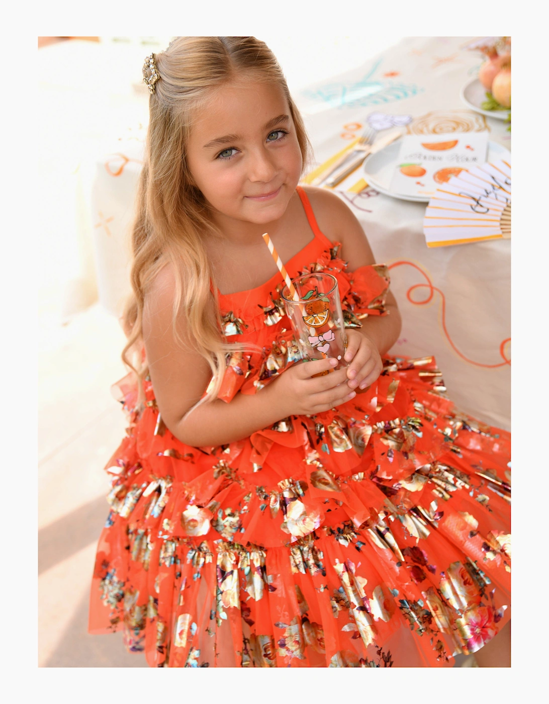 Angels Face Girls Remi Foil Floral Print Ruffle Dress in Orange