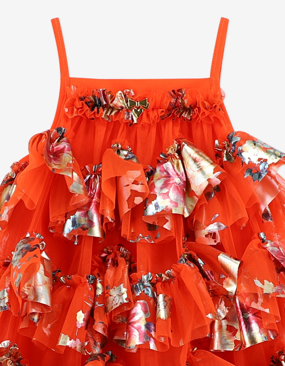 Angels Face Girls Remi Foil Floral Print Ruffle Dress in Orange