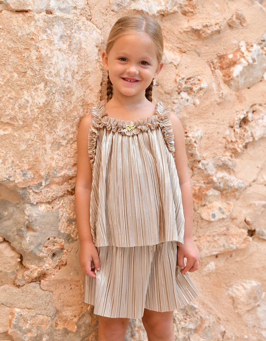 Angels Face Girls Fortuna Metallic Pleated Short Set in Gold