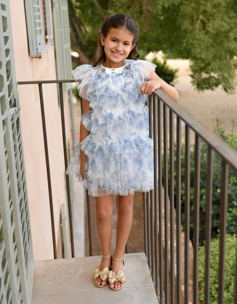 Angels Face Girls Etta Printed Tiered Tulle Dress in Blue
