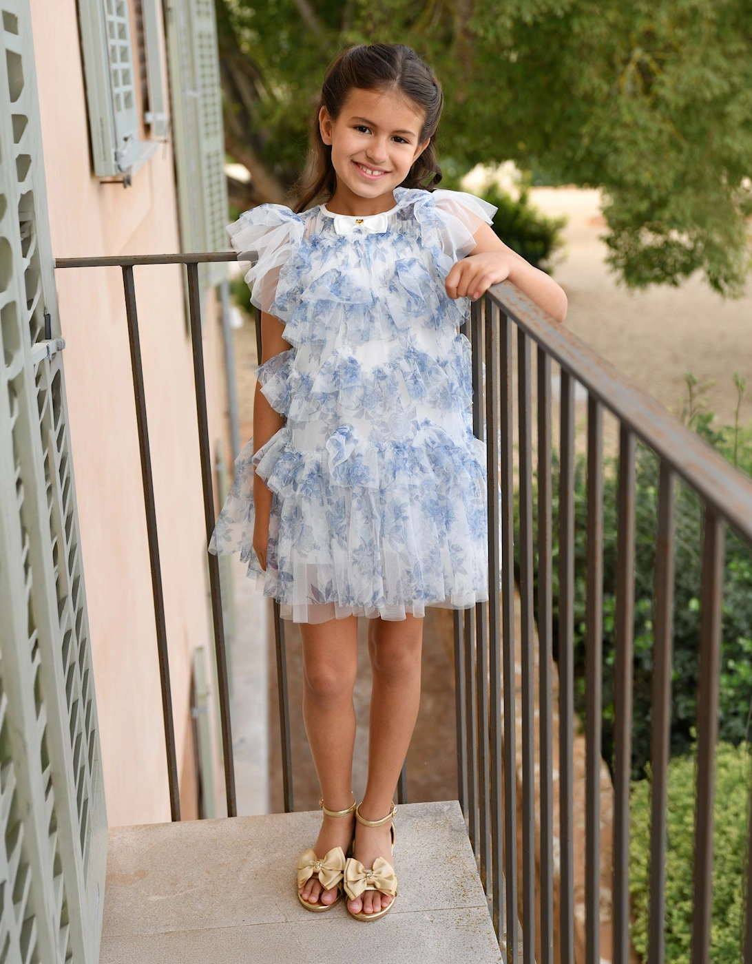 Angels Face Girls Etta Printed Tiered Tulle Dress in Blue