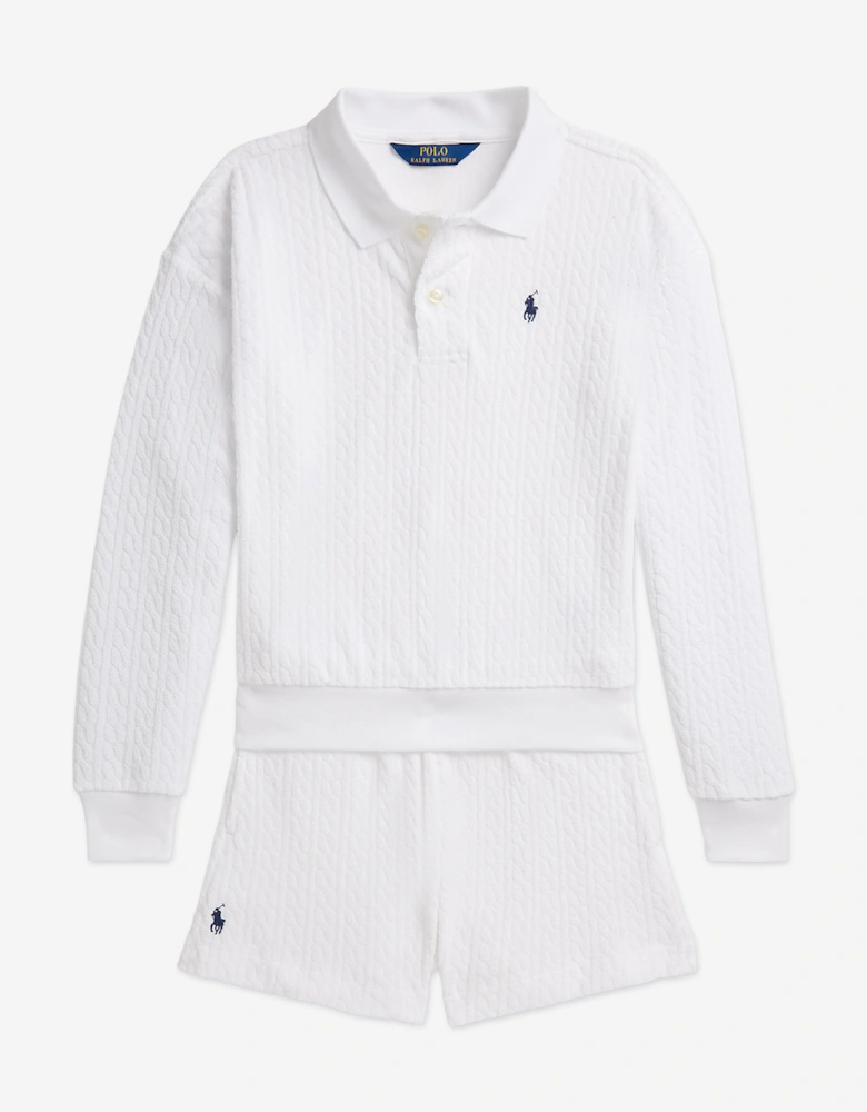 Girls Cable Jacquard Terry Knit Short Set in White