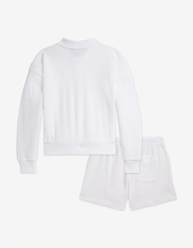 Girls Cable Jacquard Terry Knit Short Set in White