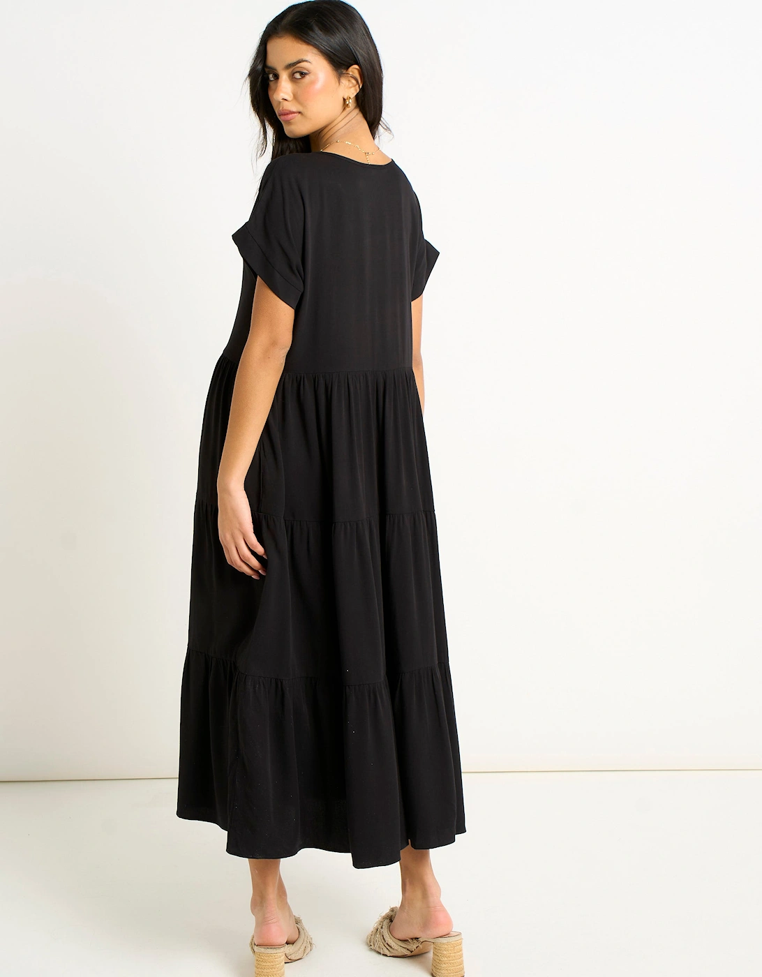 Black V Neck Pocket Smock Midi Dress