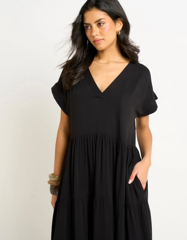Black V Neck Pocket Smock Midi Dress