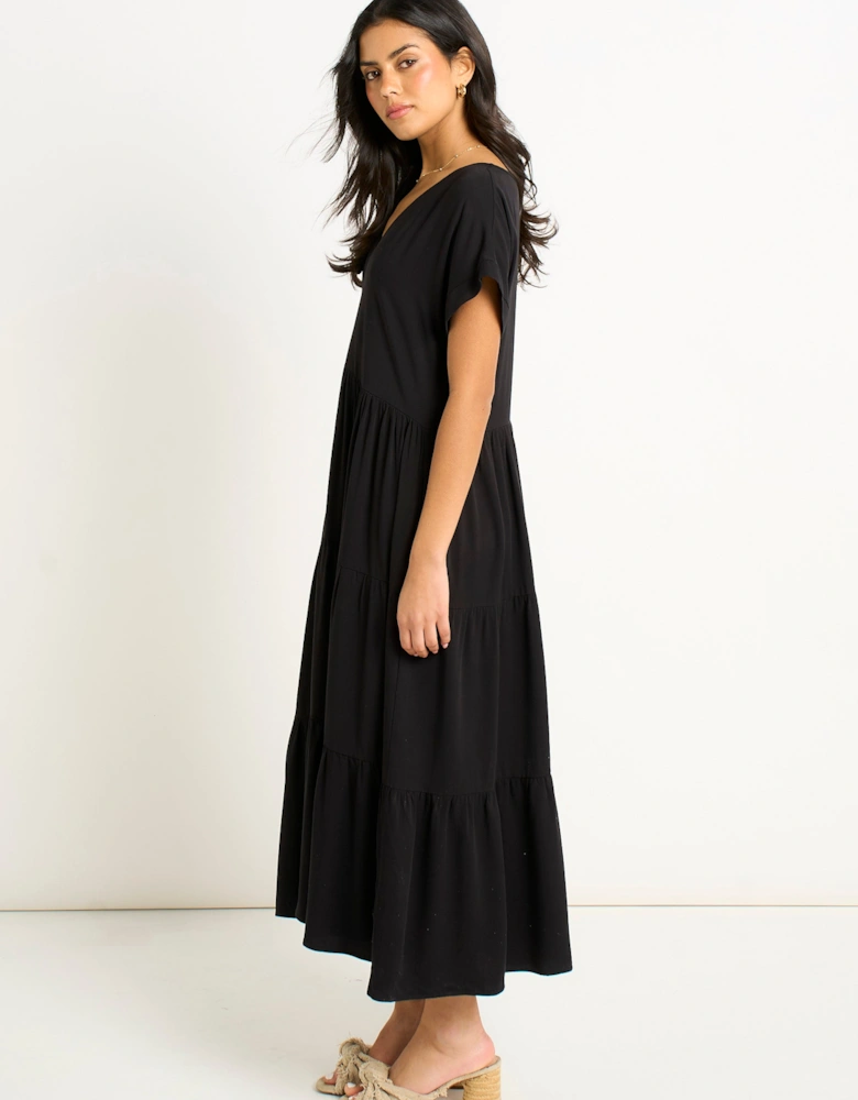 Black V Neck Pocket Smock Midi Dress