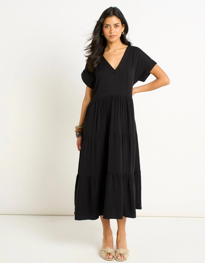Black V Neck Pocket Smock Midi Dress