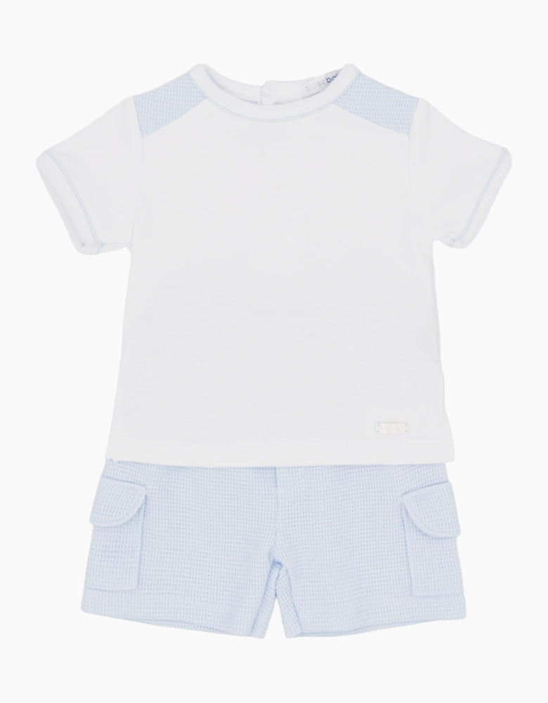 Boys White Pale Blue Waffle Short Set