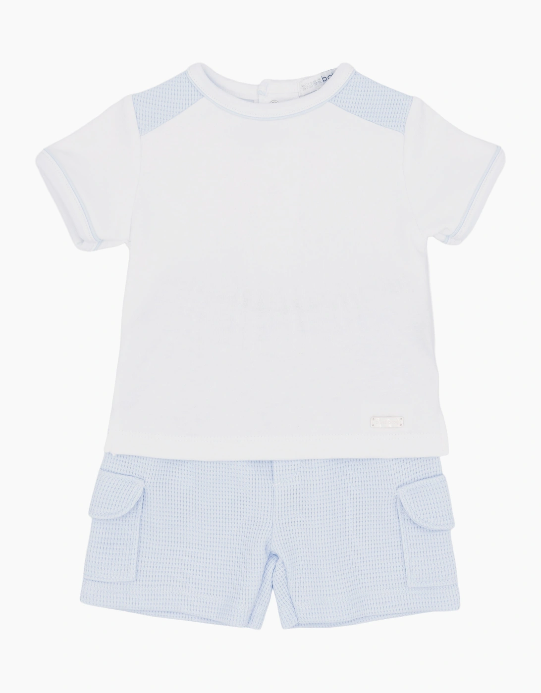Boys White Pale Blue Waffle Short Set, 2 of 1