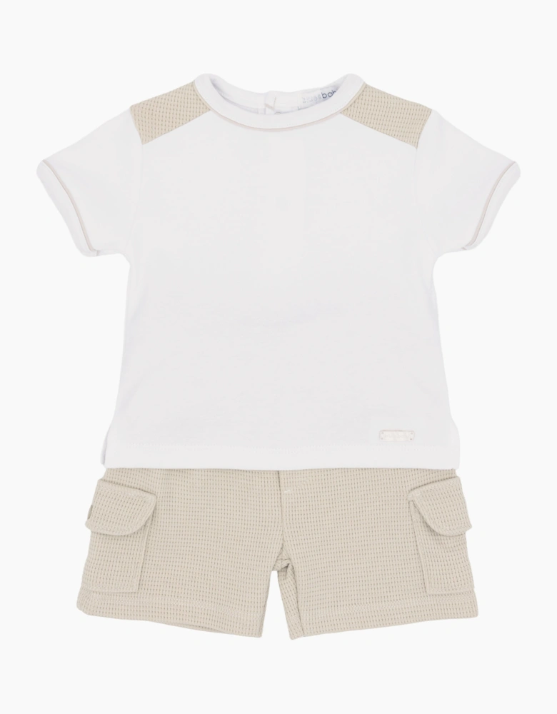 Boys White Beige Waffle Short Set