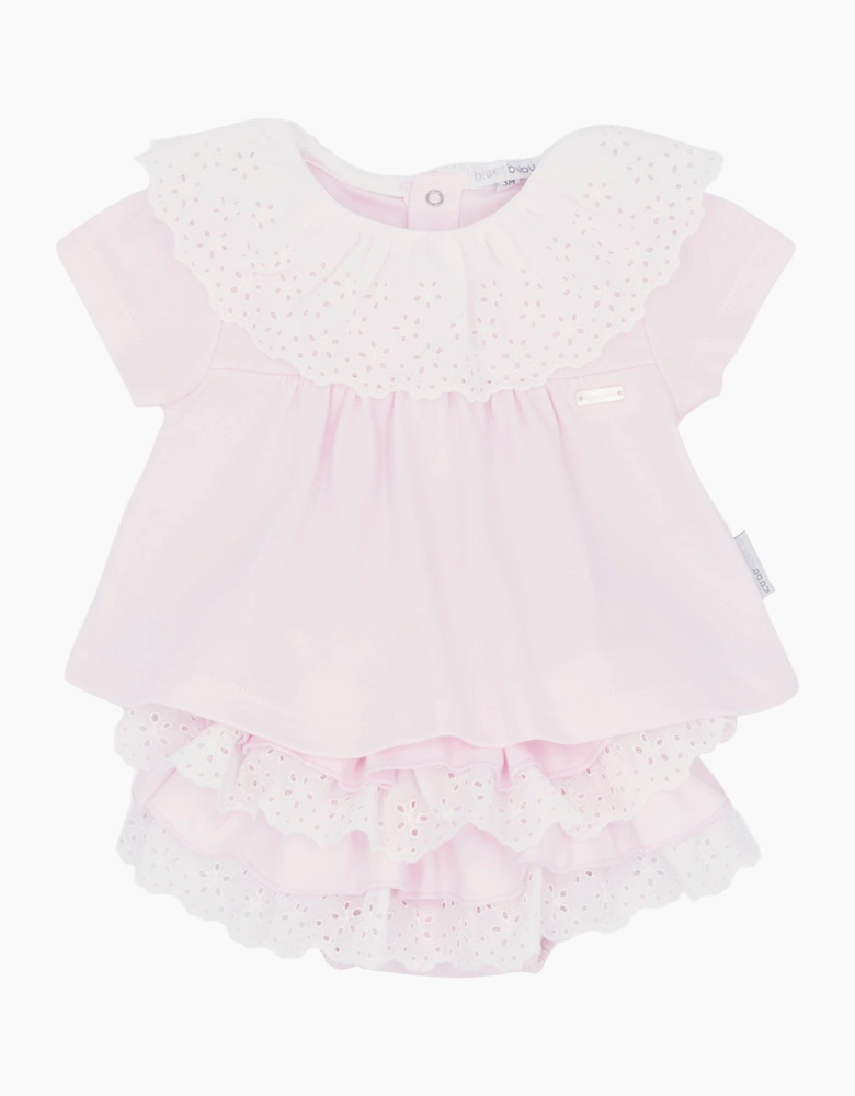 Girls Pale Pink Broderie Jersey Jam Pant Set