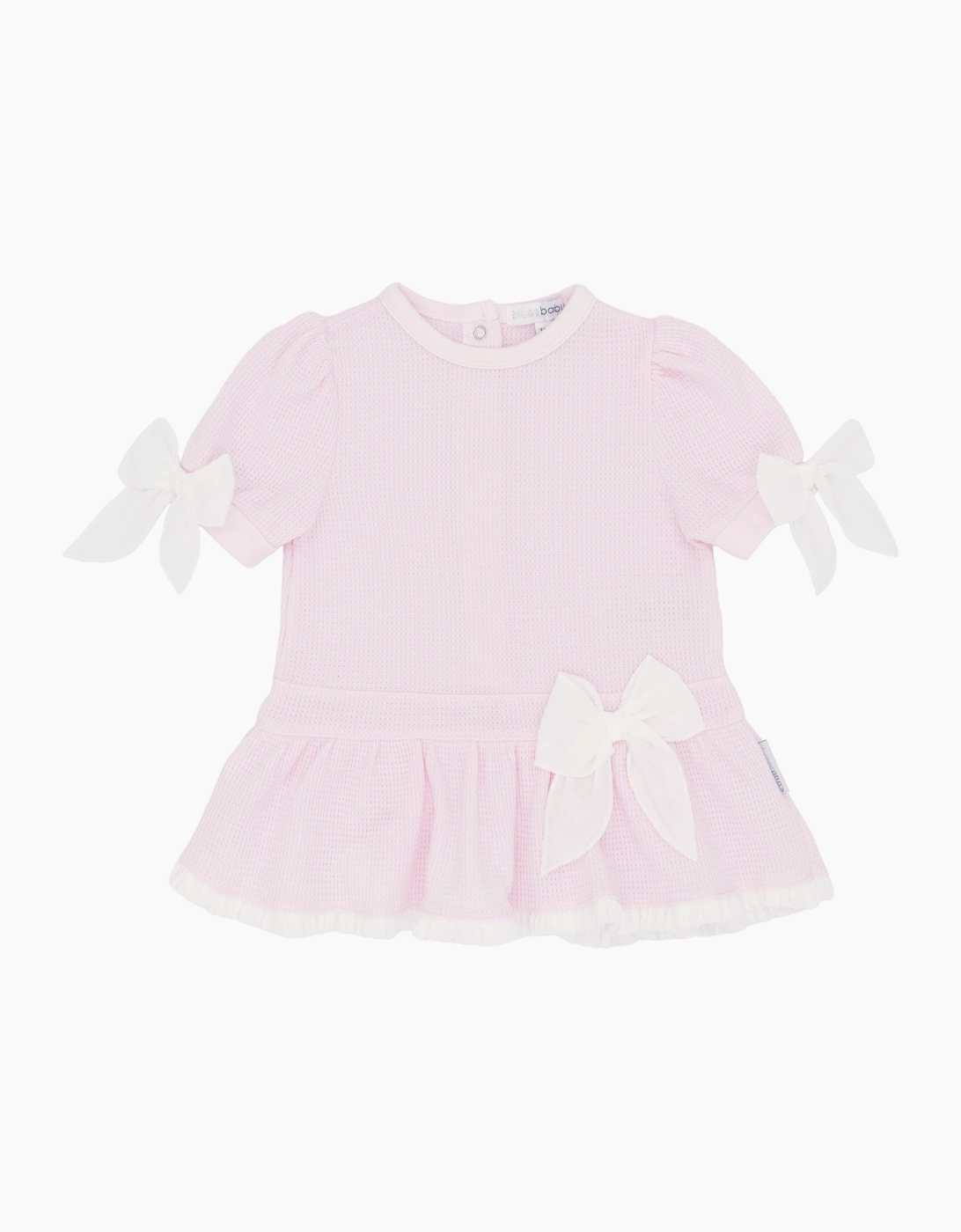 Girls Pale Pink Waffle Bow Dress, 2 of 1