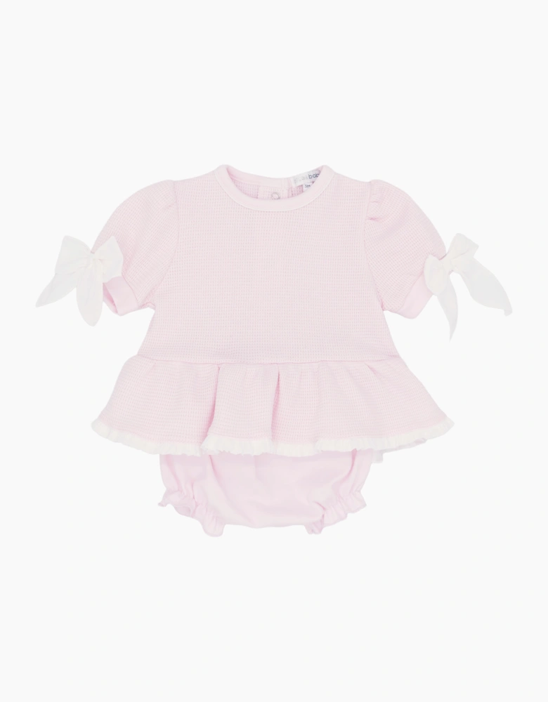 Girls Pale Pink Waffle Bow Jam Pant Set